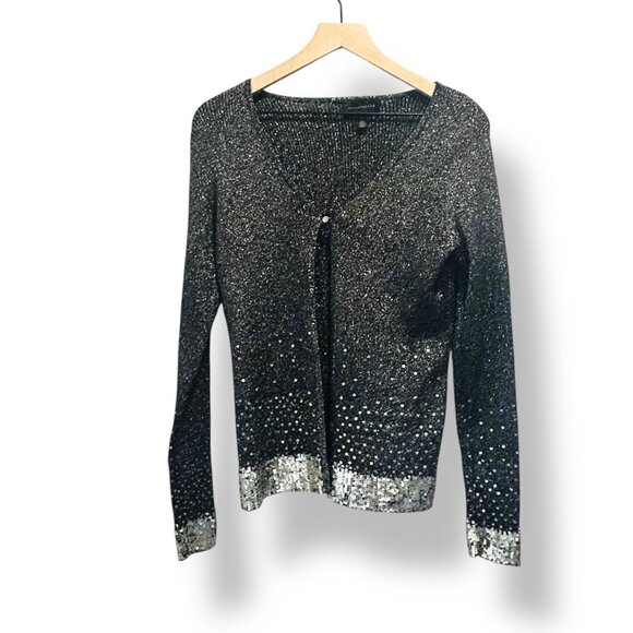 Investments Black Silver Metallic Sequin Cardigan Size XL Jeweled Button Holiday - Picture 1 of 14